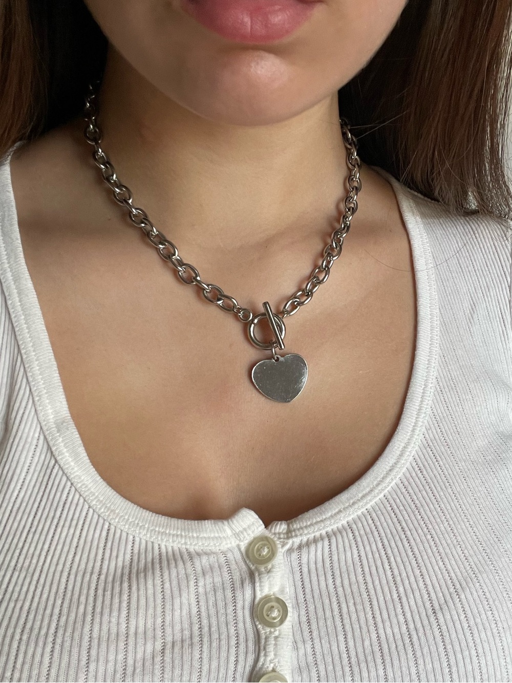 Silver Heart Pendant Chunky Chain Necklace - Women's Jewelry